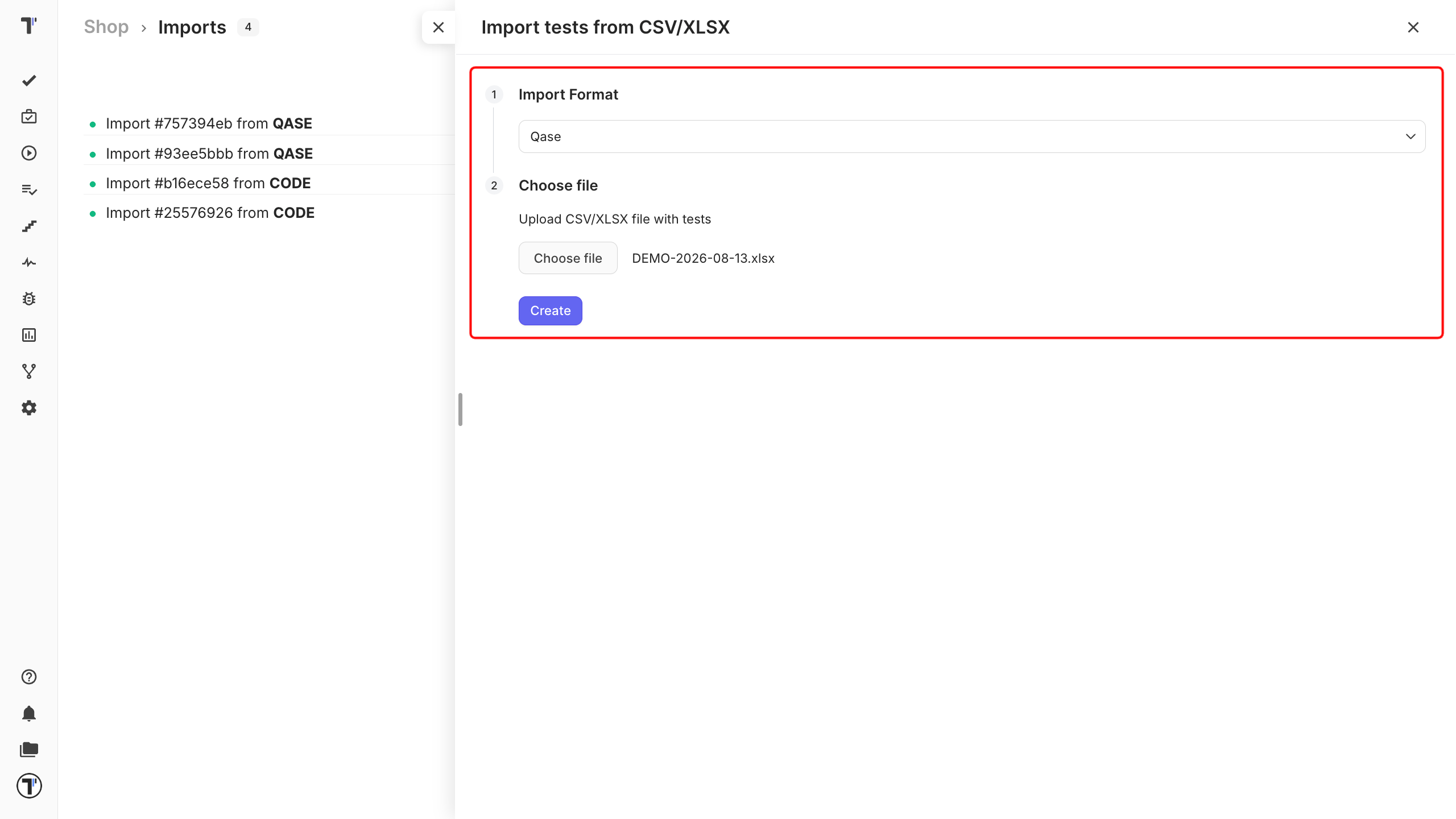 The Import tests from CSV/XLSX sidebar with the source dropdown and Choose file